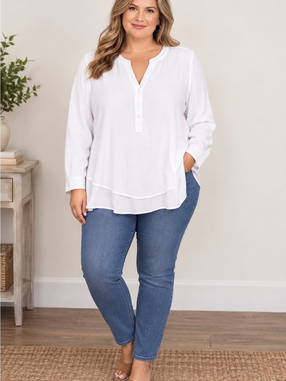 Soft Surroundings White Layered Henley Tunic Top